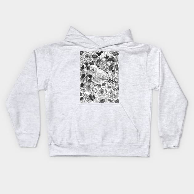 Zebra finch and rose bush ink drawing Kids Hoodie by katerinamk